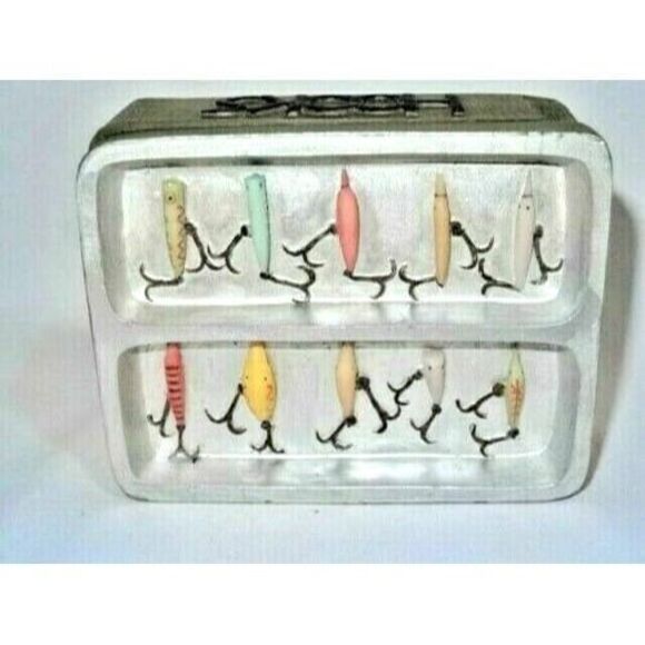 Dezine Porcelain Fishing Trinket Box Hand Painted Lures Hooks Fish Playing Cards - Picture 3 of 5